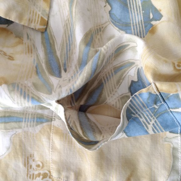 TOMMY BAHAMA Shirt L Yellow Blue Hibiscus Linen Blend Hawaiian Short Sleeve - Picture 4 of 12